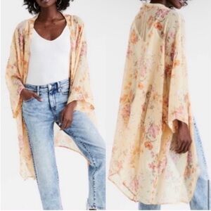 AMERICAN EAGLE Flowy Floral Chiffon‎ Open Front Kimono Yellows Cover-Up Cardigan